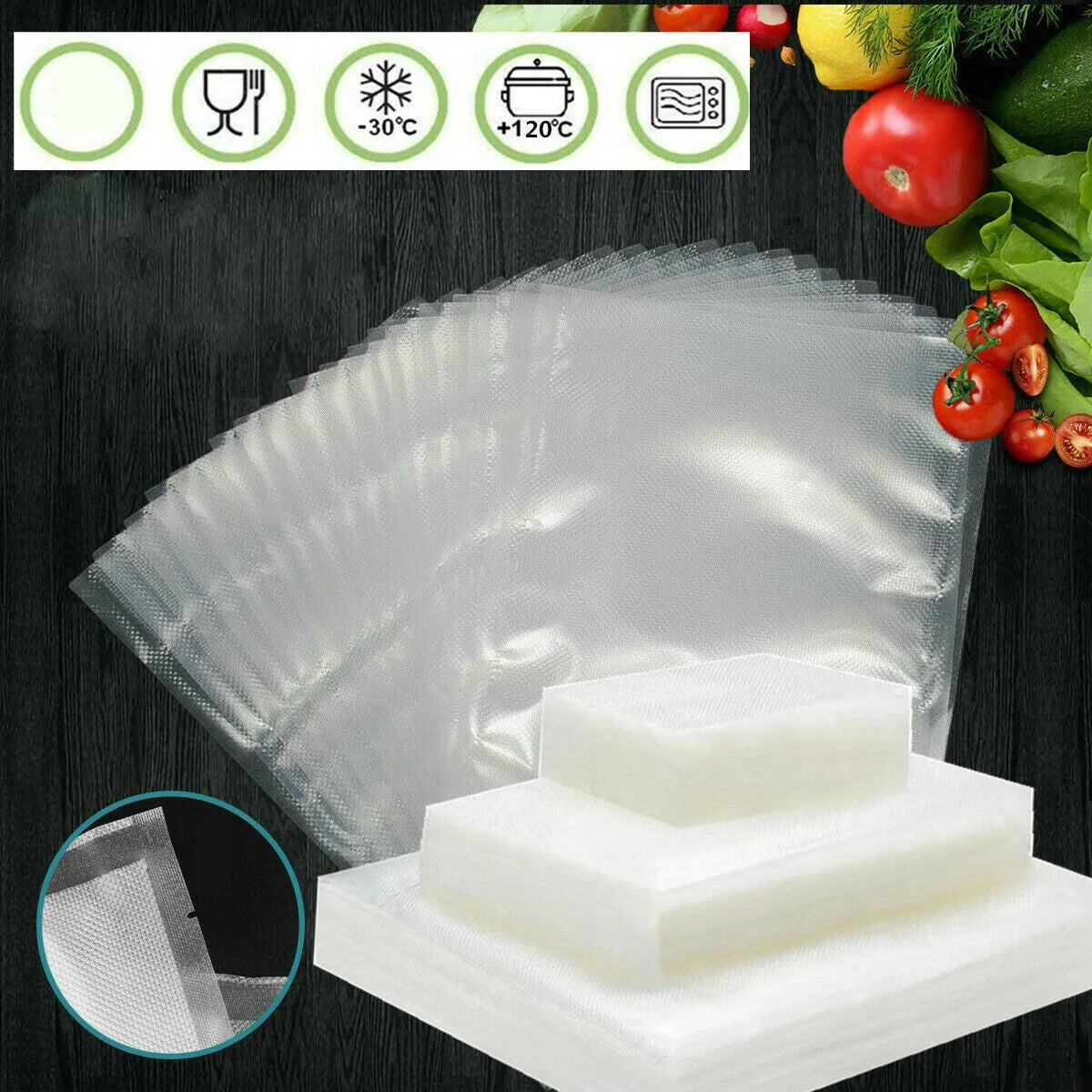 100PCS Textured Vacuum Sealing Pocket For Food Sealer, No Embossing Vacuum Food Sealing Pocket, 28*40cm/20*30cm/15*25cm