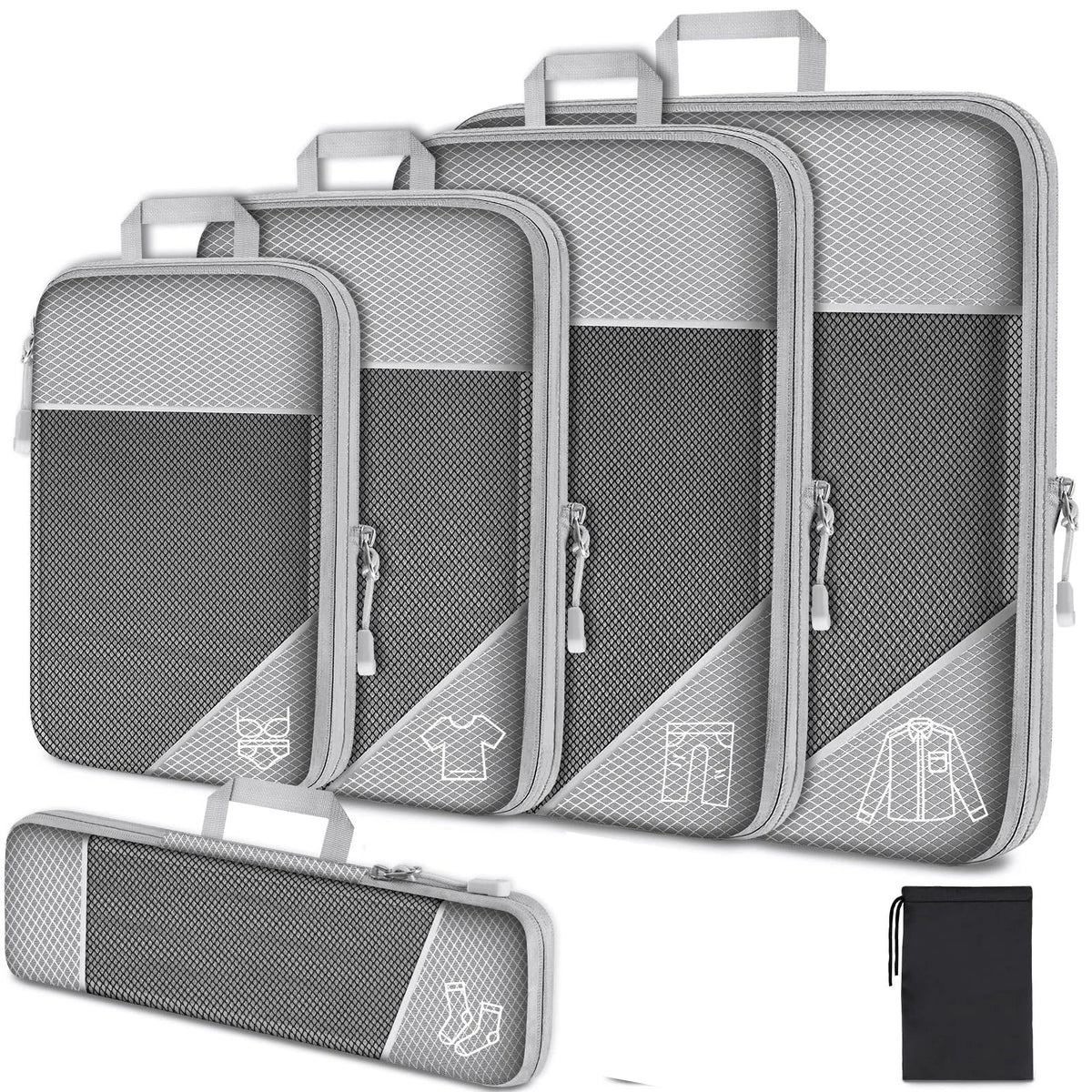 6PCS Travel Compressed Packing Cubes Storage Organizer Set With Shoe Bag Mesh Visual Luggage Portable Lightweight Suitcase Bag