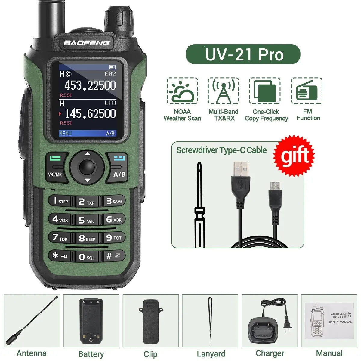 Baofeng UV 21 Pro Wireless Copy Frequency Walkie Talkie 16 KM AM Long Range Waterproof Multi-Band Type-C Charger Ham Radio UV 5R