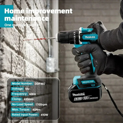 Makita 100%Original DDF487 Cordless Driver Drill 18V Brushless Electric Impact Screwdriver Rechargeable Power Tool