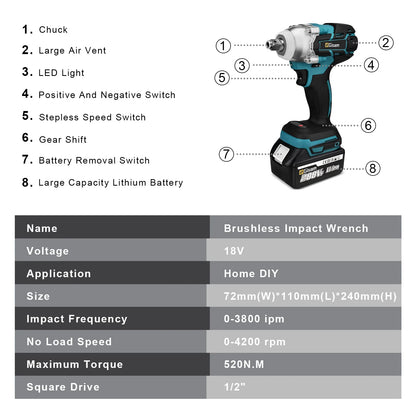520N.M Brushless Electric Impact Wrench Cordless Electric Wrench 1/2 inch Screwdriver Power Tools for Makita 18V Battery Pins