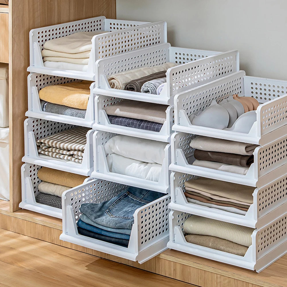 【Breeins】Foldable Stackable Drawer Storage Basket Wardrobe Storage Organiser Stackable Plastic Storage Basket Cupboard