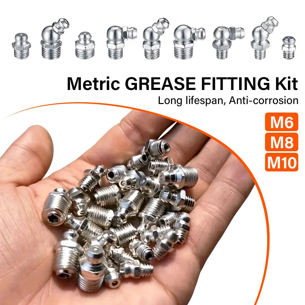 60/120Pcs Metric Grease Fitting Assortment Straight 45°/90°/180°Angle M6 M8 M10 Galvanized Metal Grease Nipple With Storage Box