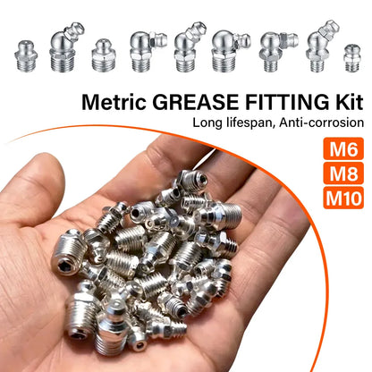 60/120Pcs Metric Grease Fitting Assortment Straight 45°/90°/180°Angle M6 M8 M10 Galvanized Metal Grease Nipple With Storage Box