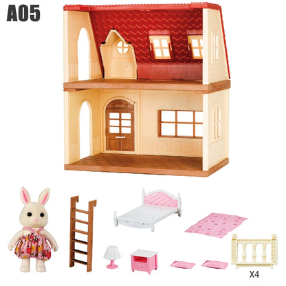 Simulation Kitchen Forest Family Small House Double Three- Story Villa Reindeer  Animal Model Girl Dollhouse Furniture Toy Gifts