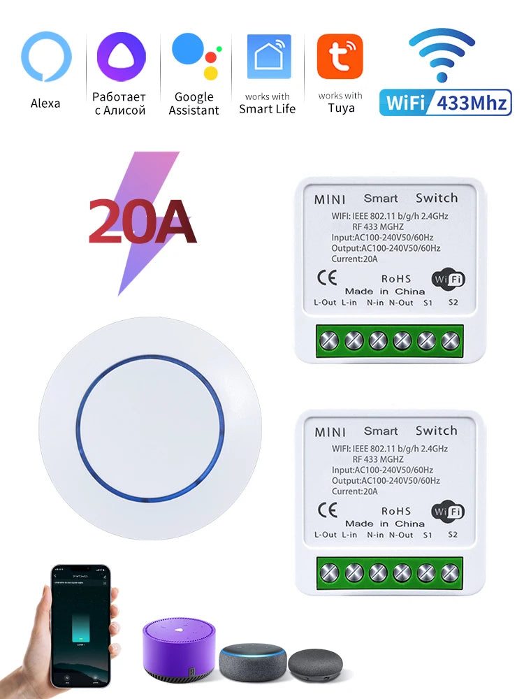 Tuya WiFi Smart Switch 16A 20A 100-240V Relay Controller RF433Mhz Wireless Remote Control Mini Round Panel Switch For Led Light