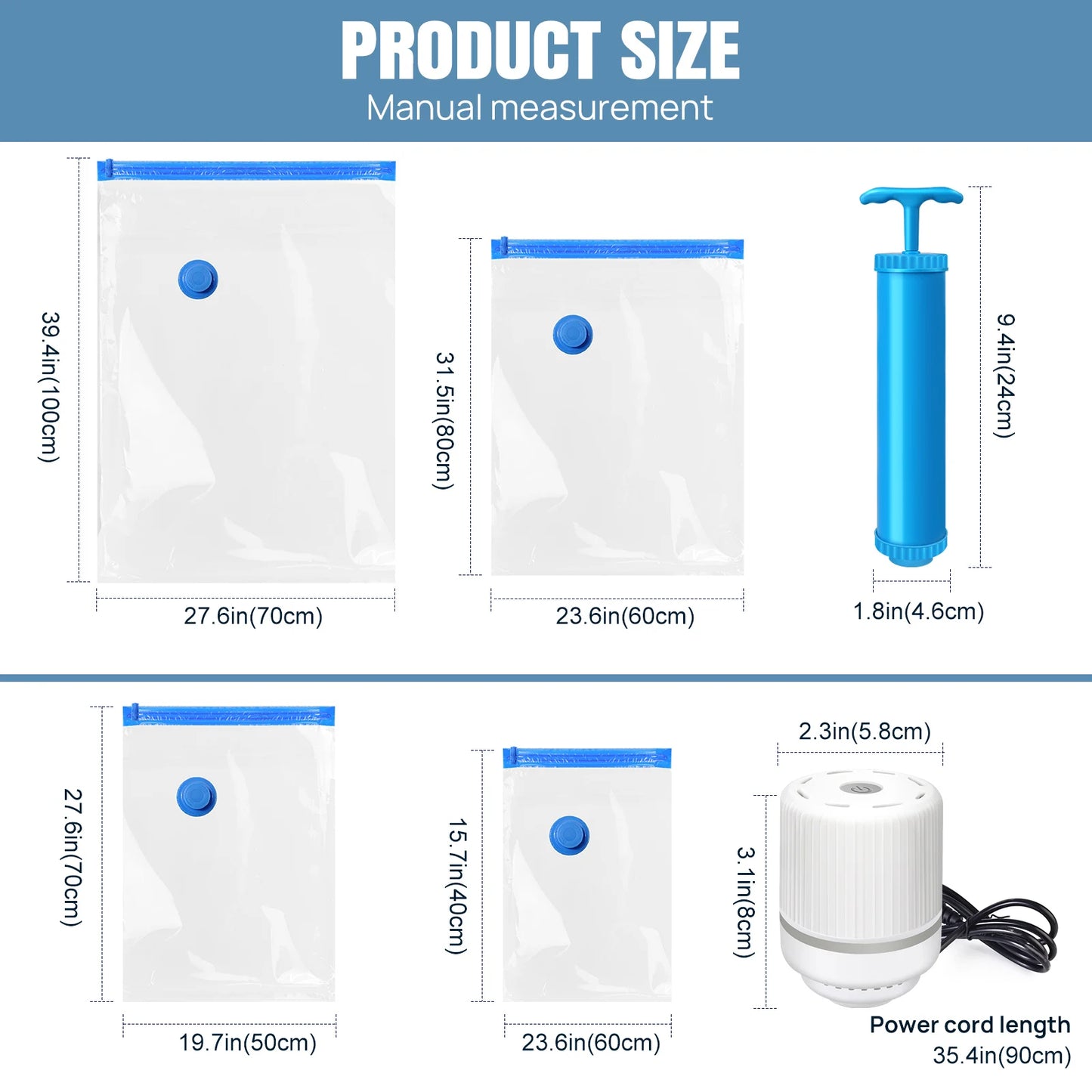 12-Pack Vacuum Compression Storage Bags for Clothes, with Electric Pump - Reusable Space Saver Bags for Travel, Duvets Storage