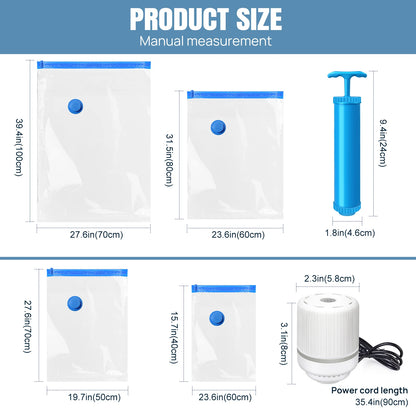 12-Pack Vacuum Compression Storage Bags for Clothes, with Electric Pump - Reusable Space Saver Bags for Travel, Duvets Storage