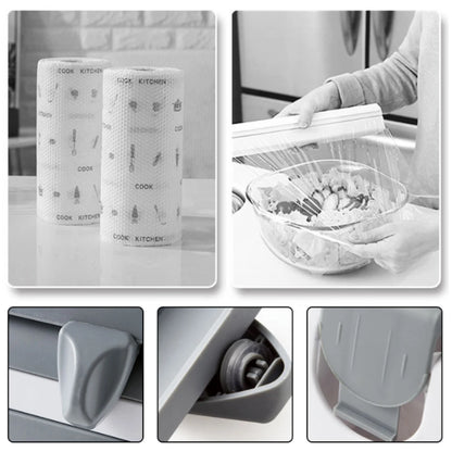 ABS Material Wall Mounted Kitchen Cling Film Dispenser with Cutter, Cling Film Aluminum Foil Roll Holder Paper Towel Holder Grey