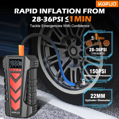 KOPUO 4000A 9-in-1 Jump Starter with Air Pump, for 9.0L Gas/8.0L Diesel, -40°C Cold Start, 150PSI Cordless Inflator, 3-Mode LED