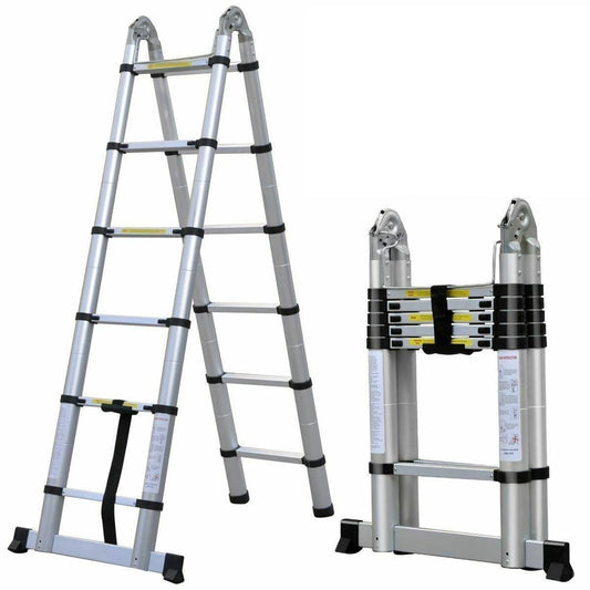 3.8m/ 5m Folding Telescopic Ladder A-Frame, Alloy Aluminum/ Stainless Steel, Non-Slip, Stable, 150KG  LoadCapacity, EN131