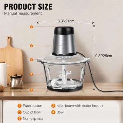 300W Fruit & Vegetable Chopper 2L Food Processor Small Meat Grinder Electric Dicer with 2 Speeds 4 Bi-Level Blades for Meat Fru