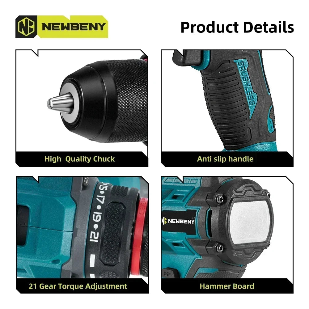 NEWBENY 10mm Brushless Electric Drill Screwdriver 21+2 Torque Cordless DIY Household Drill Tool For Makita 18-21V Battery Pin