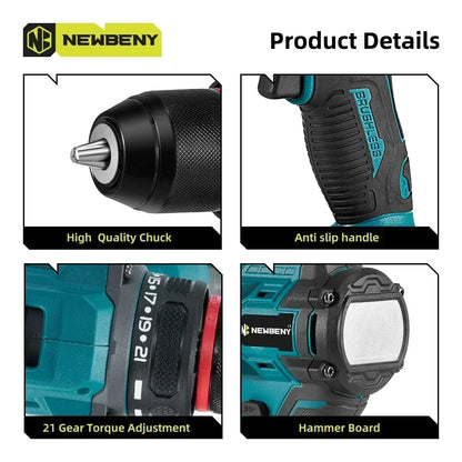 NEWBENY 10mm Brushless Electric Drill Screwdriver 21+2 Torque Cordless DIY Household Drill Tool For Makita 18-21V Battery Pin