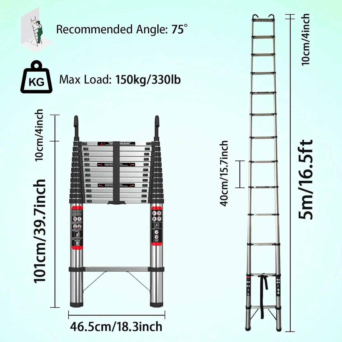 Day Plus Telescoping Ladder Stainless Steel Folding Ladder Portable Extendable Loft Ladder Capacity Max Load 150kg/330lb,EN131