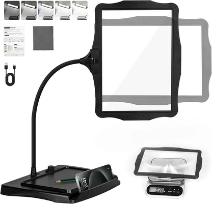 10X Rechargeable Full Page Magnifier，Large Len Magnifying Glass with 50 LED Lights & 3-IN-1 Gooseneck for Seniors Close Work