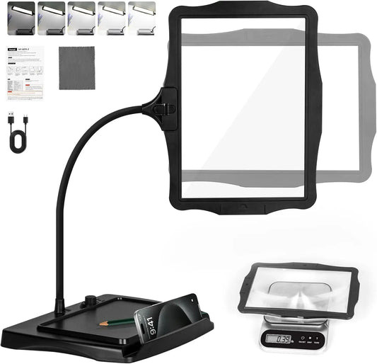 10X Rechargeable Full Page Magnifier，Large Len Magnifying Glass with 50 LED Lights & 3-IN-1 Gooseneck for Seniors Close Work