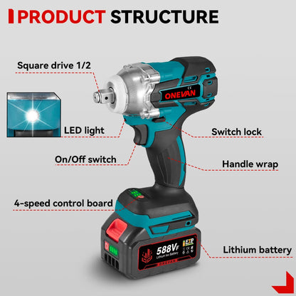 ONEVAN Brushless Electric Impact Wrench 520 N.M 1/2" Cordless Screwdriver Drilling Power Wrench Tool For Makita 18V Battery Pin