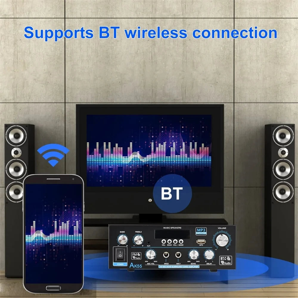 AK55 HiFi Digital Amplifier Channel 2.0 Bluetooth Surround Sound AMP Max Power 90Wx2 Speaker for Home Car BT 5.0 Audio AMP