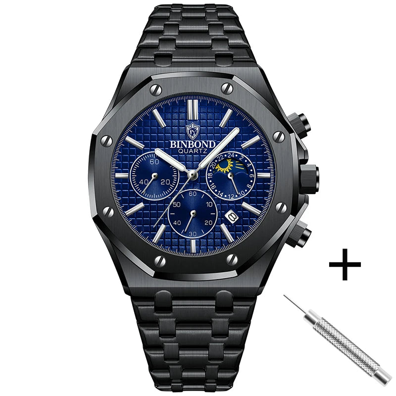 BINBOND Top Brand B0161 Men's Casual Watch Luxury Luminous Stainless Steel Waterproof Men's Date Calendar Clock