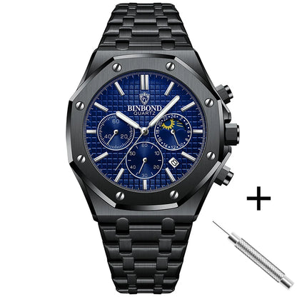 BINBOND Top Brand B0161 Men's Casual Watch Luxury Luminous Stainless Steel Waterproof Men's Date Calendar Clock