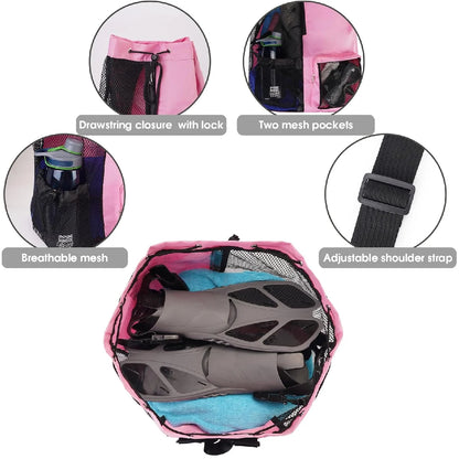 Women Travel Swimming Bag Mesh Drawstring Backpack with Wet Pocket Multipurpose Beach Backpack for Swimming Gym Workout Gear