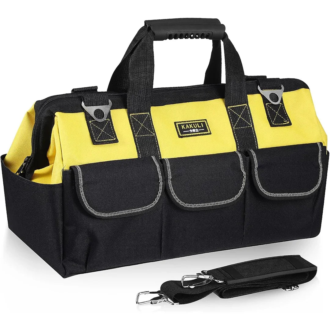 Heavy Duty Electrician Tool Bag, Large Capacity Tool Storage Bag with Multiple Compartments, Durable Polyester Work Bag with Sturdy Handles, Black Yellow Tool Bag for Job Sites