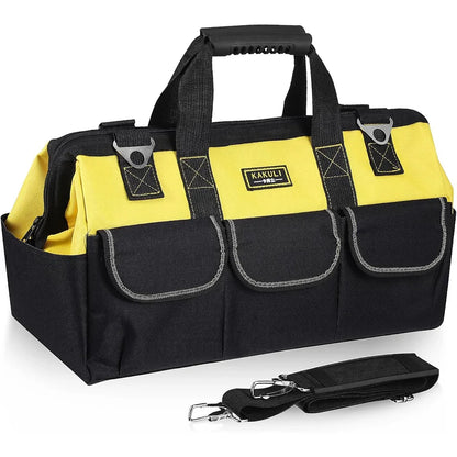 Heavy Duty Electrician Tool Bag, Large Capacity Tool Storage Bag with Multiple Compartments, Durable Polyester Work Bag with Sturdy Handles, Black Yellow Tool Bag for Job Sites