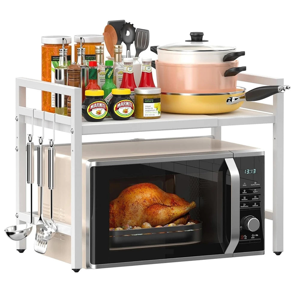 BonChoice 2/3-Tier Expandable Microwave Oven Rack Countertop for Kitchen, Microwave Shelf Stand Metal with 6 Hooks Black White