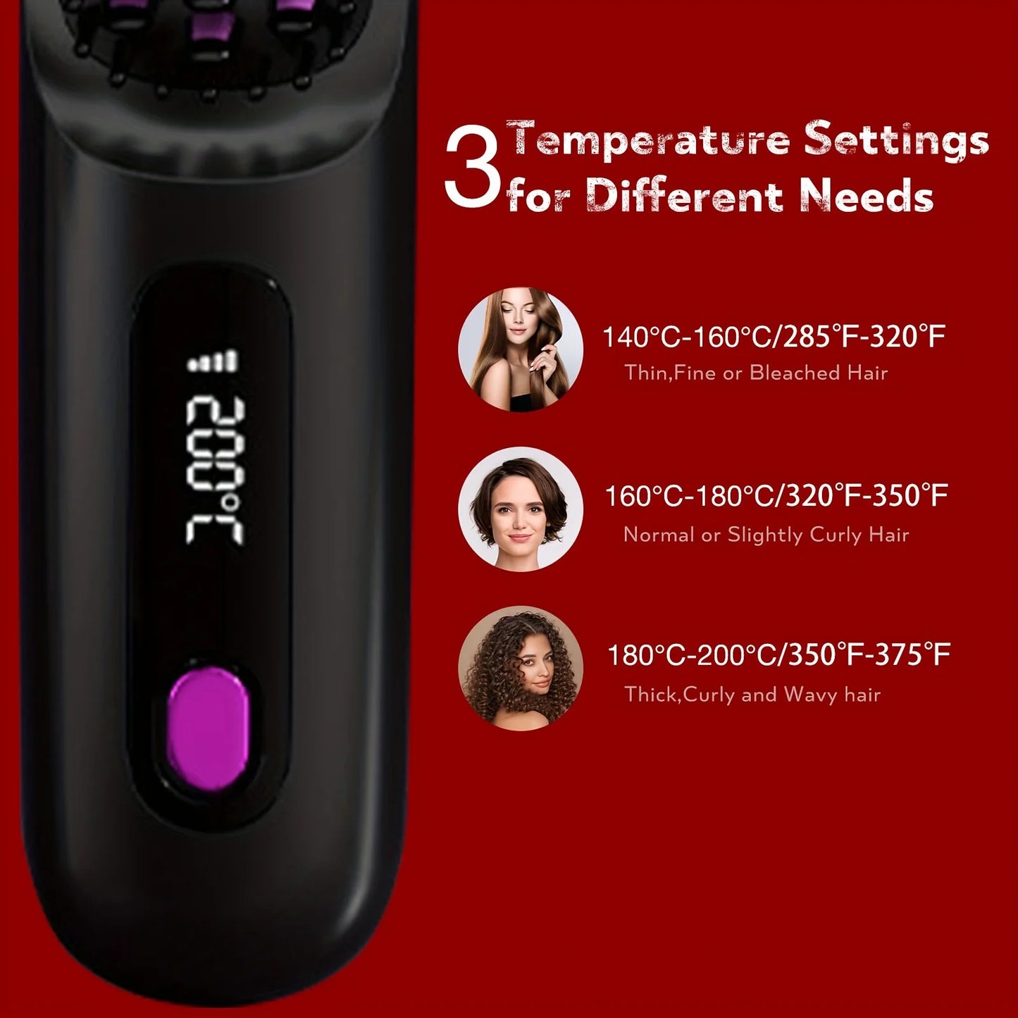 Hair Straightener Brush for Travel with Negative Ion Type-C Charging 2000mAh Battery Frizz-Free Shine Smooth hair