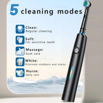 Rotating Electric Toothbrush with 8 Brush Heads with 5 Cleaning Modes Clean Teeth Battery Powered Rechargeable Toothbrush