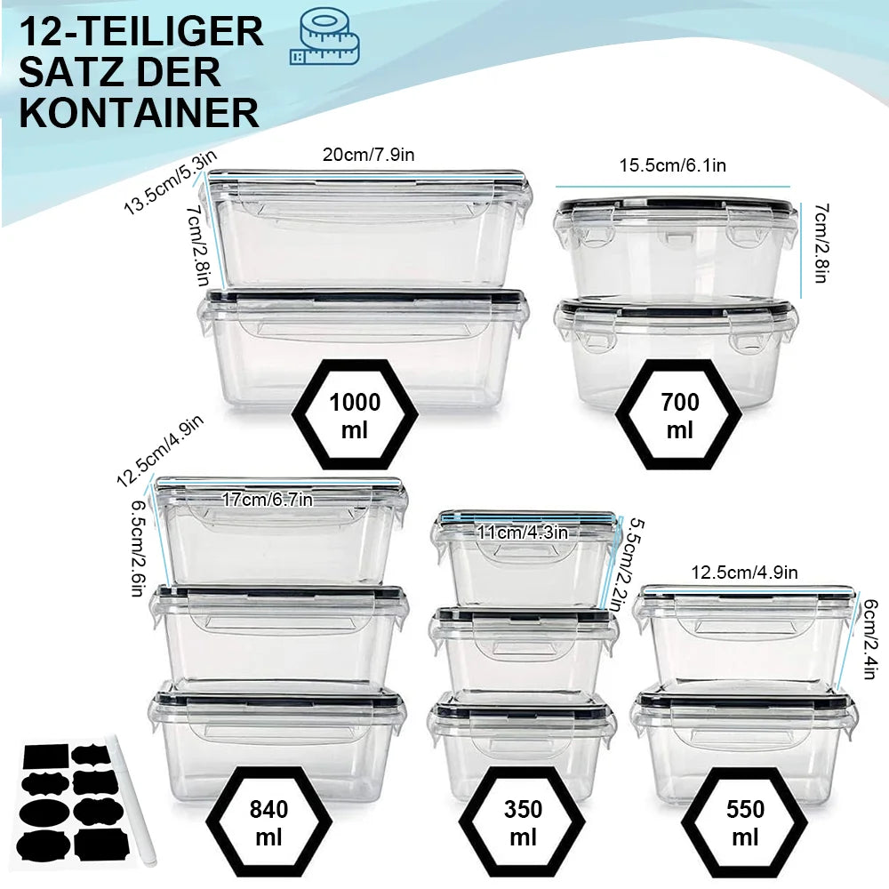 12pc Sealed refrigerator storage box with lid crisper Food Retain Freshness Transparent Storage Jar lunch box with lid