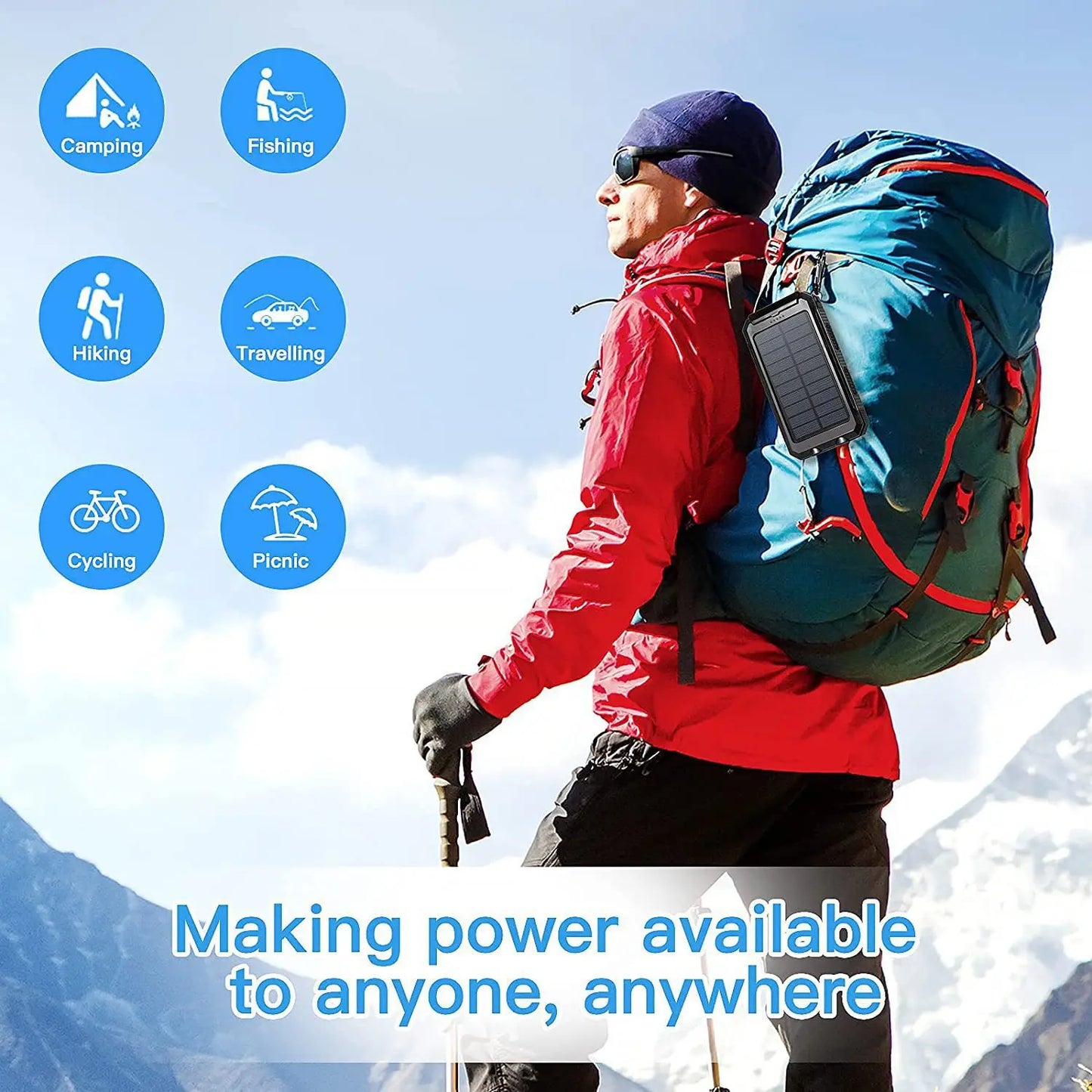 Solar Power Bank Waterproof Large Capacity Powerbank Fast Charging External Battery with SOS for IPhone Samsung Xiaomi