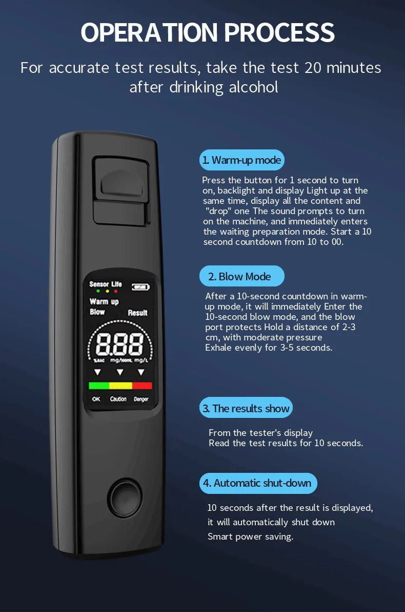 Portable Alcohol Tester Professional High Sensitivity Breathalyzer Alcohol Test Digital Breath Alcohol Tester Type-C Charging