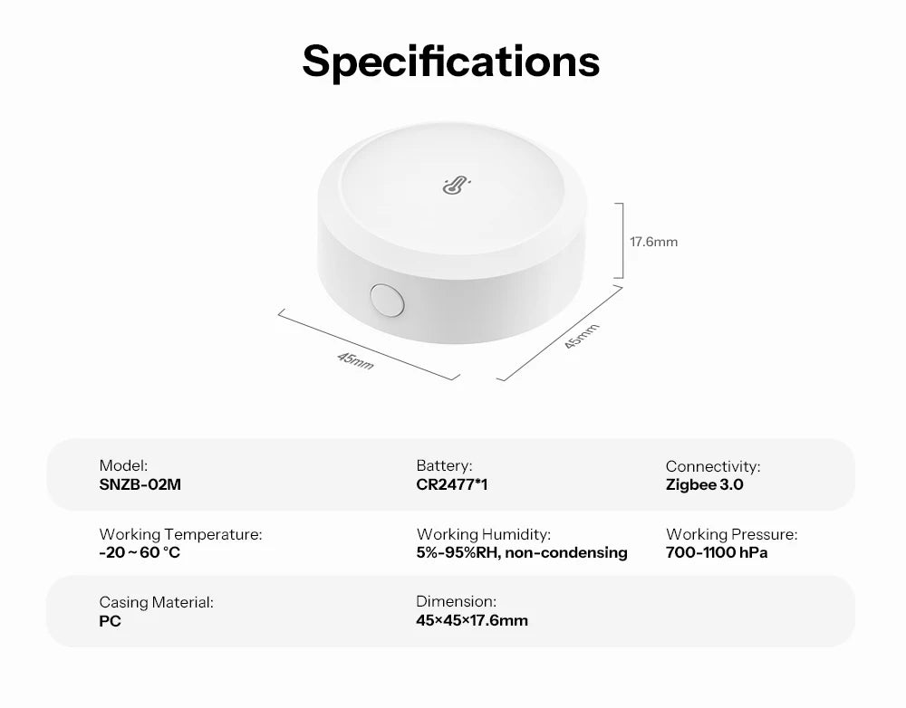 Sonoff Air Pressure Sensor Zigbee Temperature Humidity Barometric Smart Home Indoor Weather Monitor APP Alert Office SNZB-02M
