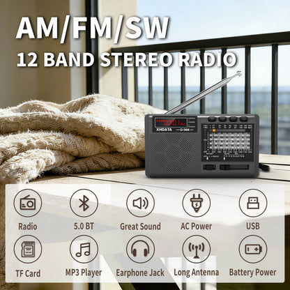 XHDATA D-368/ D-328 Portable Radio FM1-2/AM/SW 12 Band MP3 Player Bluetooth/TF Card With Headphone Jack For Elder Easy Use