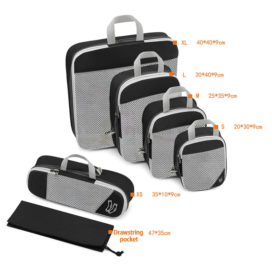 6PCS Travel Compressed Packing Cubes Storage Organizer Set With Shoe Bag Mesh Visual Luggage Portable Lightweight Suitcase Bag
