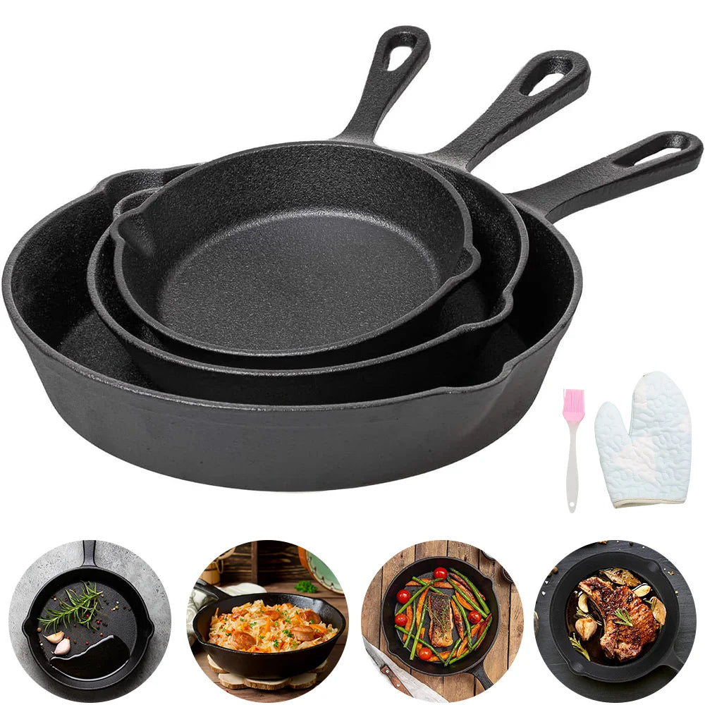3pc Frying Pan Cast Iron Uncoated Black For Food Frying, Cooking And Stir-Frying Non-Stick Frying Pans Omelette Pan