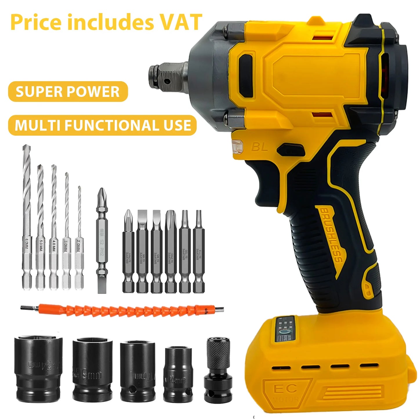 Cordless Impact Wrench Replace for Dewalt 18V 20V Max Battery, 1/2" Brushless Electric Wrench with 4 Sockets 3000RPM Tool Only