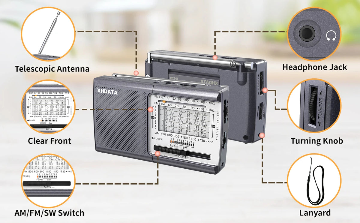 XHDATA D-219 Portable Pocket Radio TECSUN R-9012 FM AM SW Receiver Great Sound Headphone Jack for Elderly Home Outdoor Travel