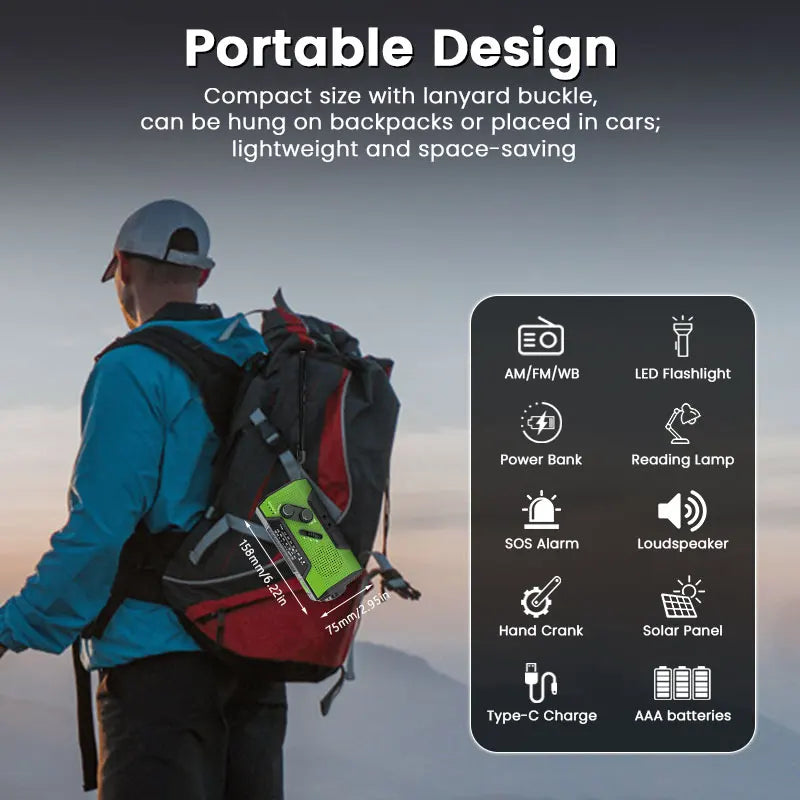 2000mAh Emergency Radio RechargeablePower Bank with  Portable FM Radio USB/Solar/Hand Crank Charging SOS Alarm & Flashlight