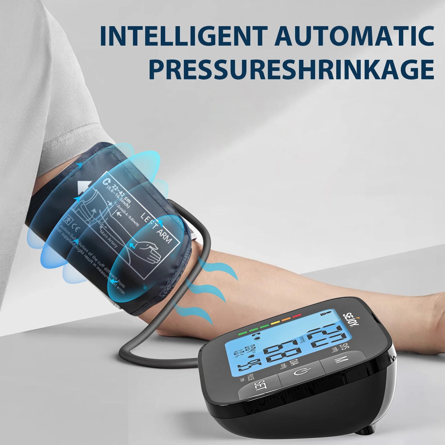 Sejoy Digital Upper Arm Automatic Blood Pressure Monitor Portable BP Sphygmomanometer Medical Tonometer Blue Backlight with AC