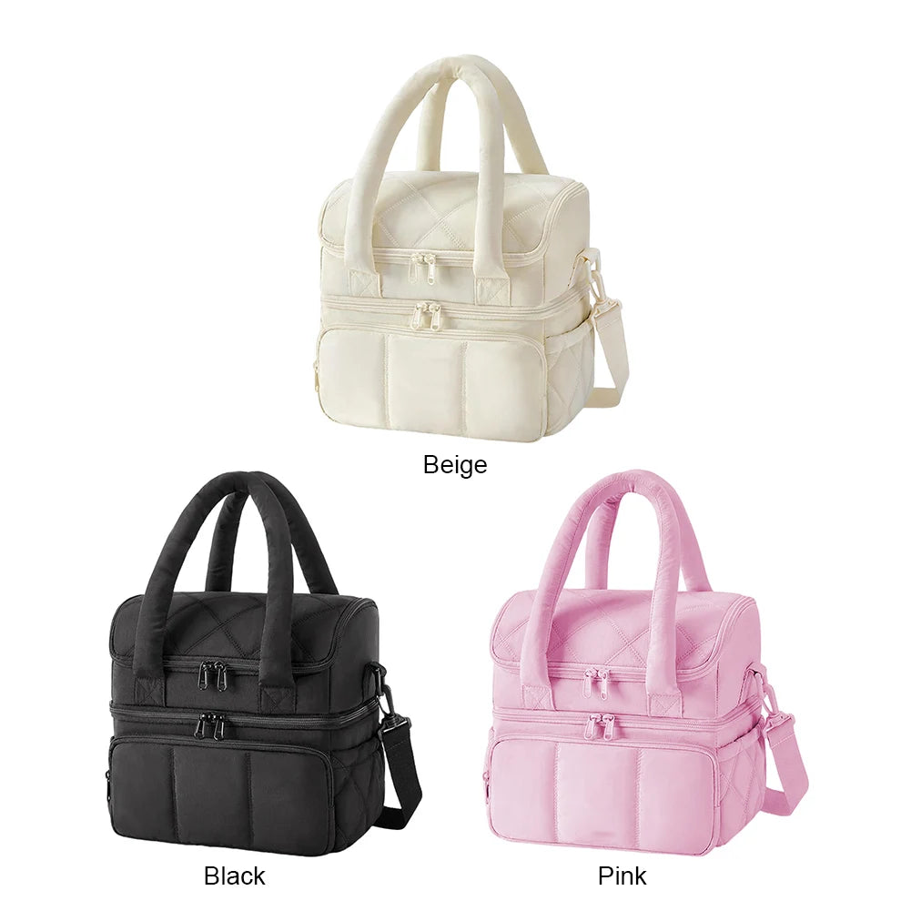 Insulated Double Deck Lunch Bag for Women Ladies Puffy Padded Lunch Tote Waterproof Bento Top Handle Bag for Work Picnic Travel