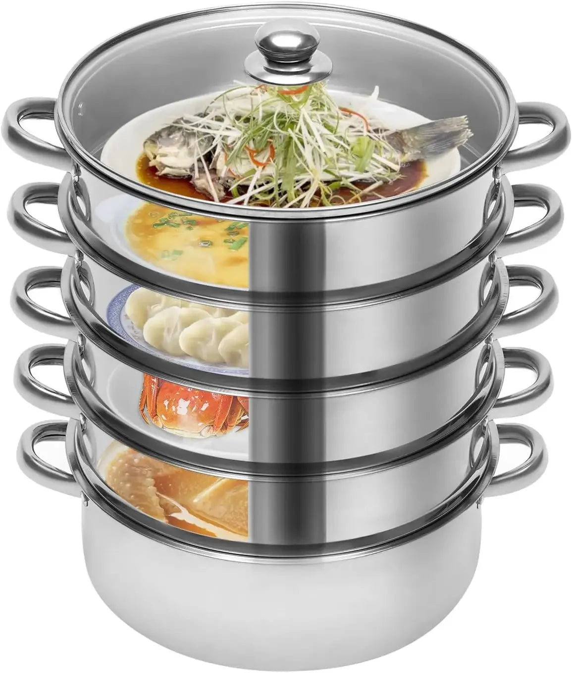 5-Tier Stainless Steel Steamer Meat Vegetable Cooking Steam Pot Kitchen Tool with Stackable Pan& Lid for Steaming Pasta Dumpling