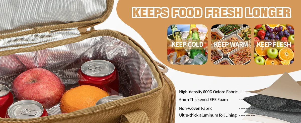 18L Tactical Lunch Box for Men Expandable Heavy Duty Insulated Cooler Bag Leakproof Thermal Bag Work Camping Outdoor Picnic