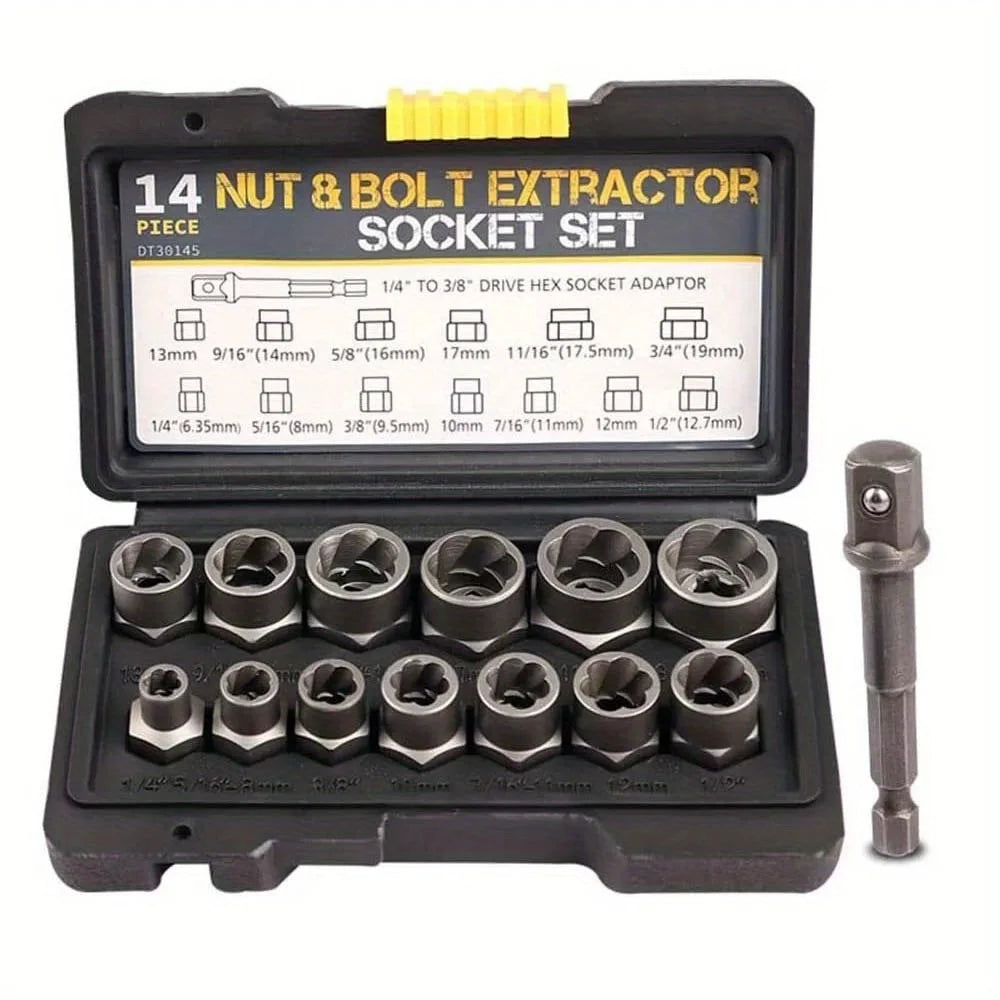 14Pcs Stripped Lug Nut Remover with Hex Adapter Extraction Socket Set, Impact Bolt & Nut Remover Removing Bolts and Nuts