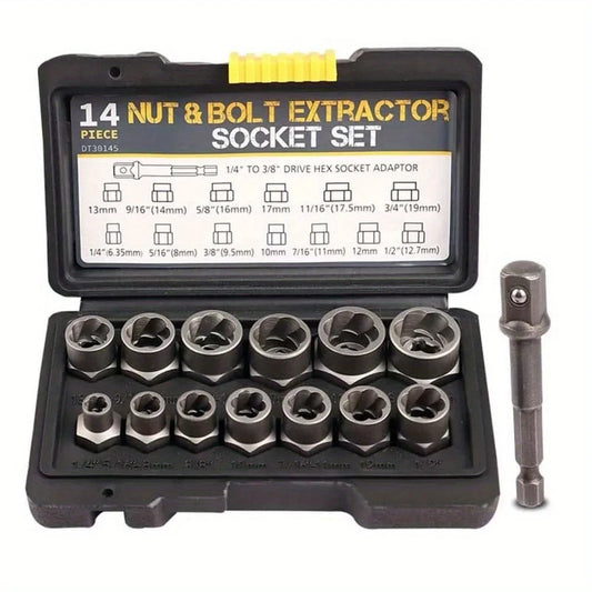 14Pcs Stripped Lug Nut Remover with Hex Adapter Extraction Socket Set, Impact Bolt & Nut Remover Removing Bolts and Nuts