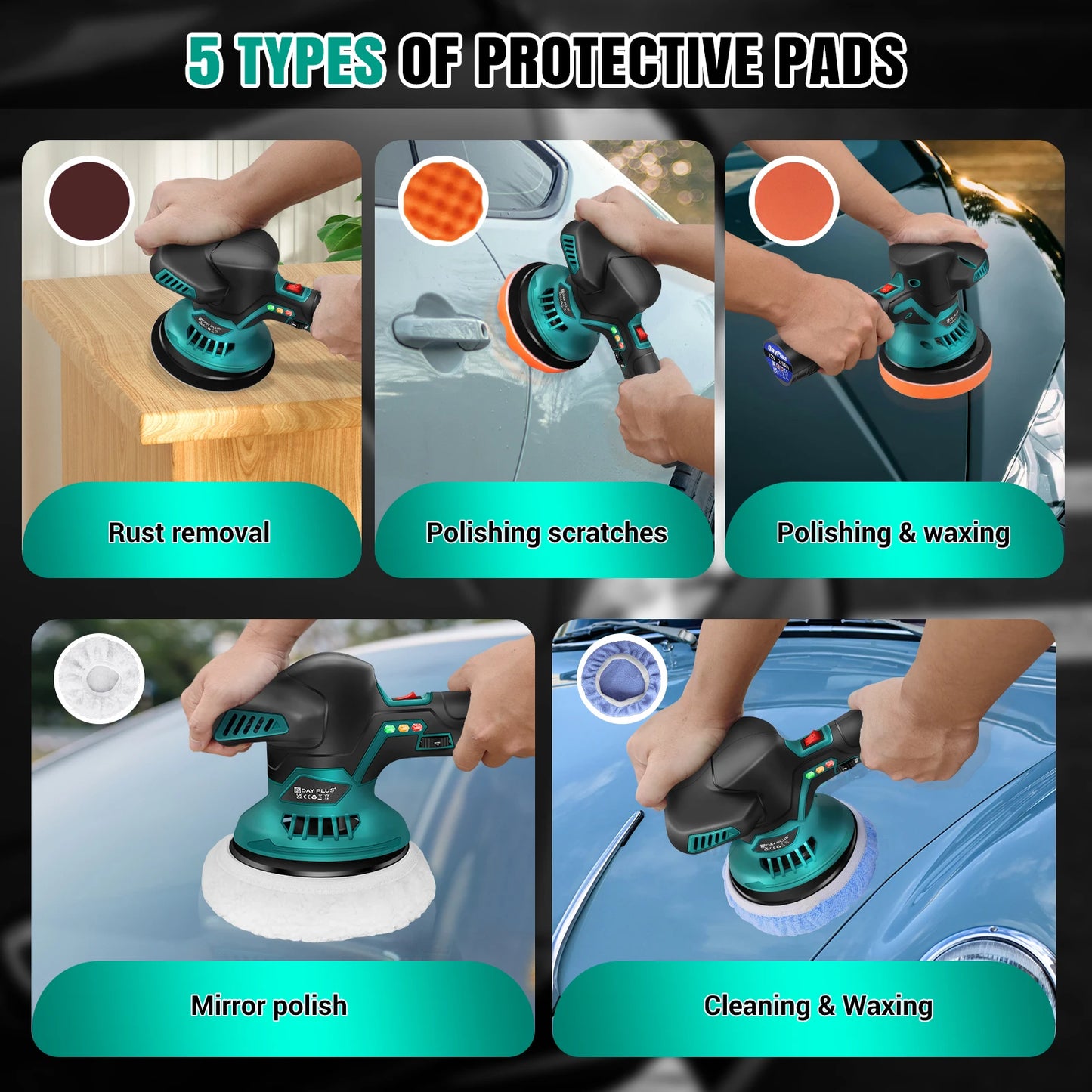 12V Cordless Car Buffer Polisher,6 Variable Speed Car Polishing Kit, For Car Detailing/Polishing/Waxing/Scratch Removing