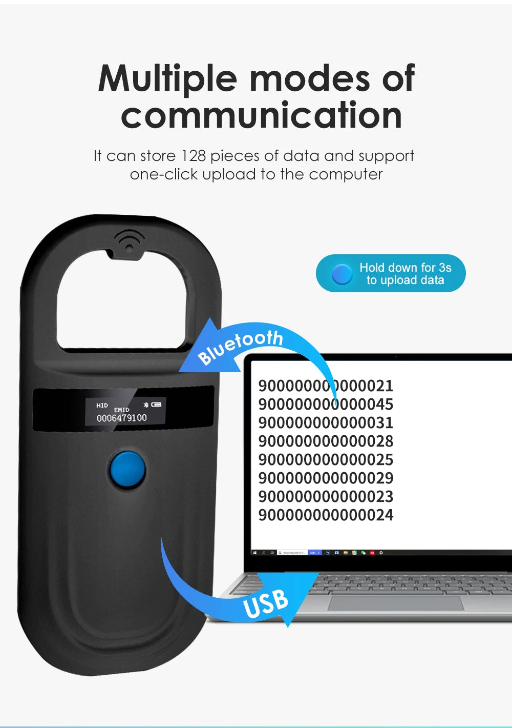 Black Animal RFID Reader 134.2KHz 125kHz USB/Bluetooth Pet Cat Dog Microchip Scanner FDX-B Glass Chip Identification Tag Reader