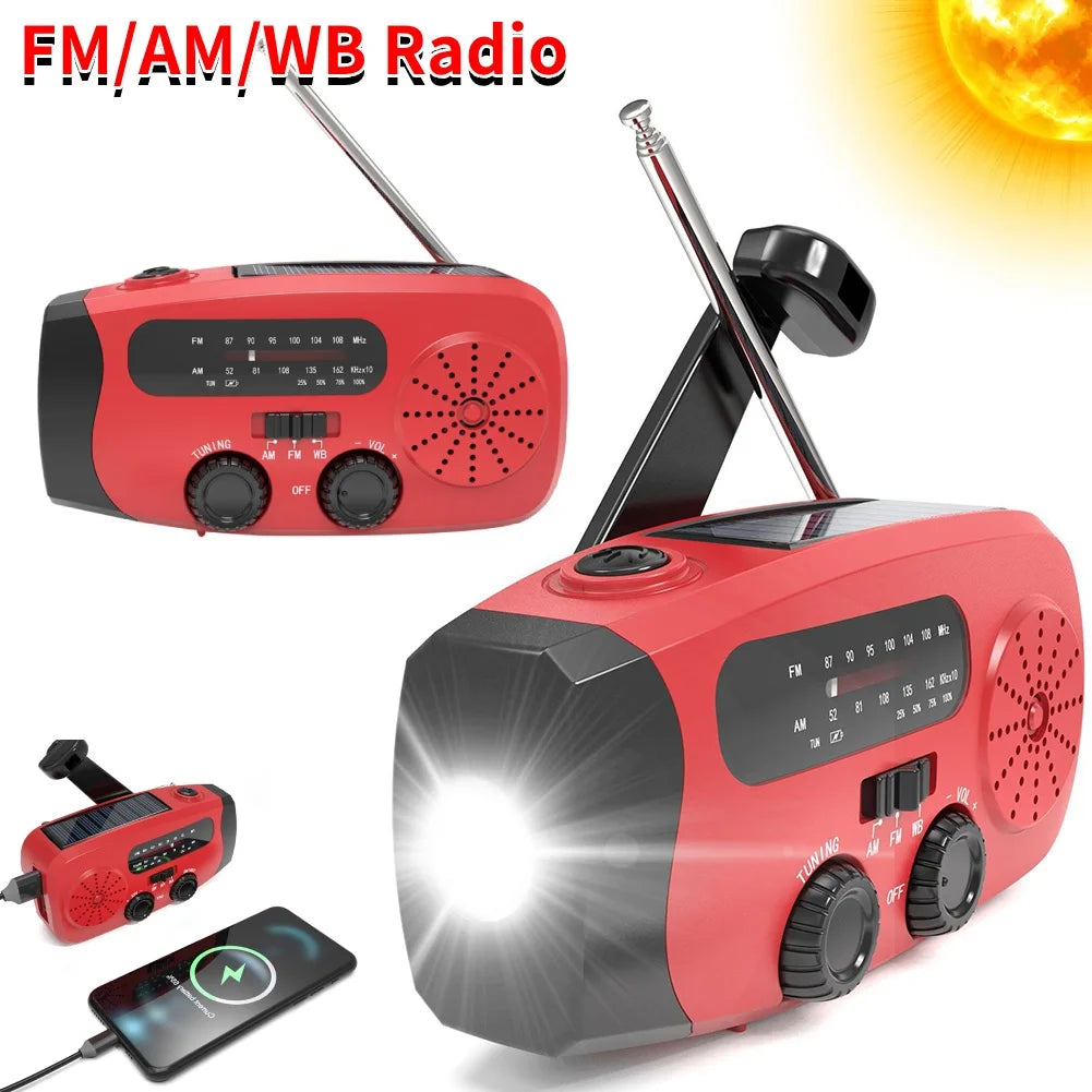 Multifunctional Solar Hand Crank Radio FM AM WB Weather Radio 2000mAh USB Charging Emergency LED Flashlight Power Bank ﻿